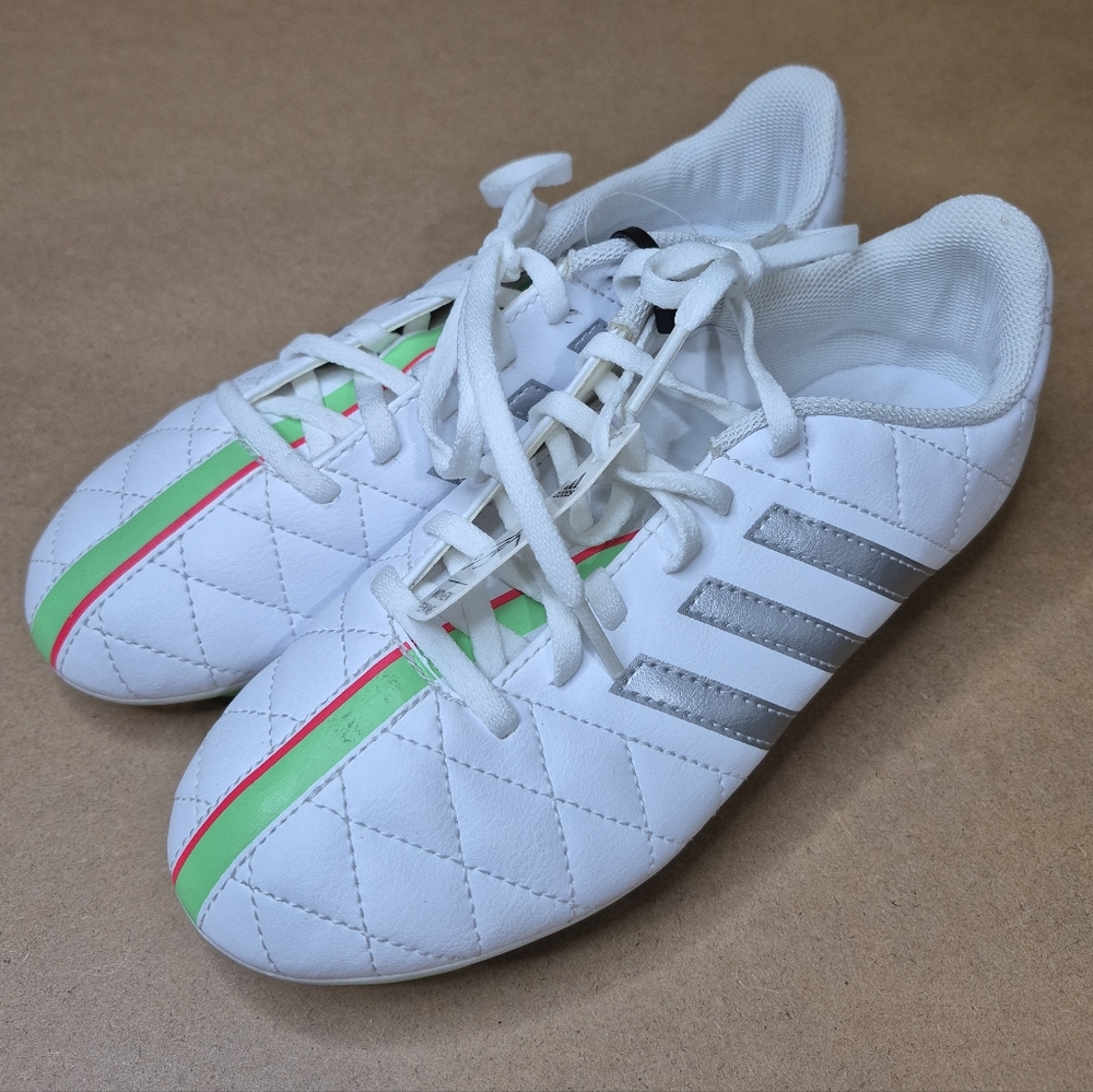 Adidas White Quilted Soccer Shoes with Silver Green And Pink Stripes